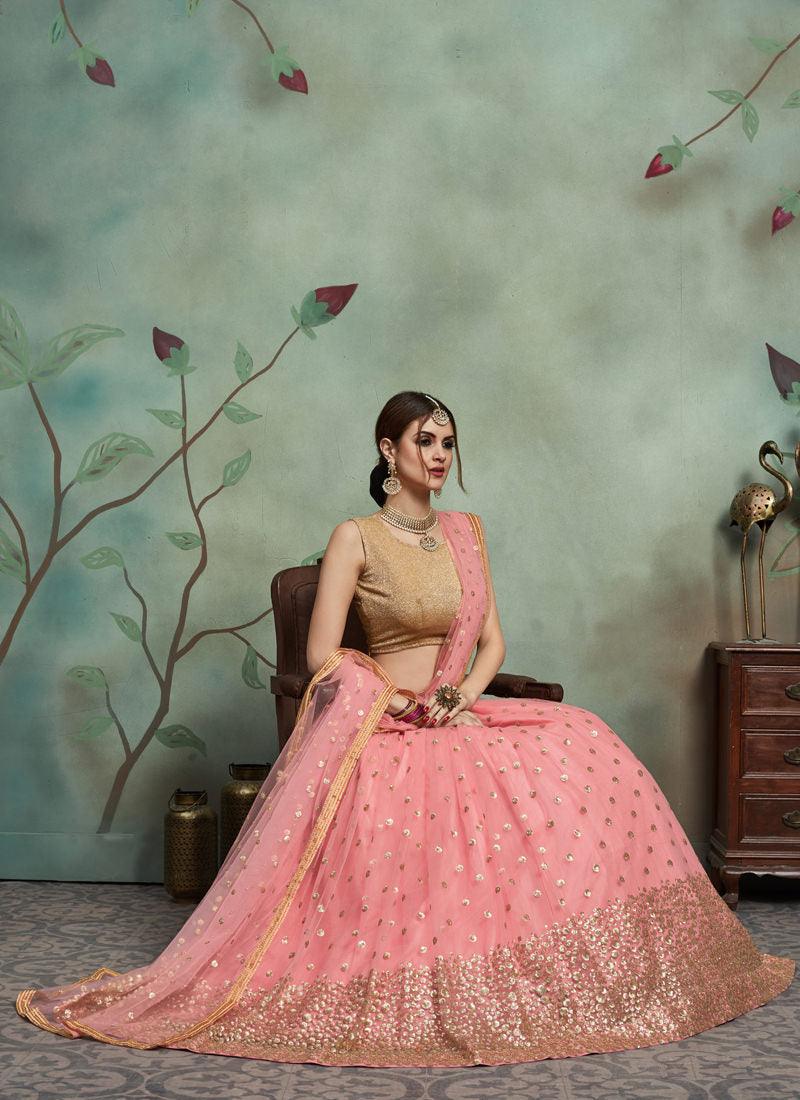 Charming Baby Pink Color Soft Net Base Sequins Work Lehenga Choli Very Cheap Pice