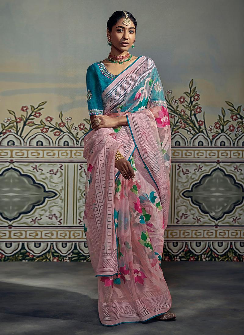 Thread Work Blouse With Baby Pink Brasso Saree Best Store To Get Cheap Online