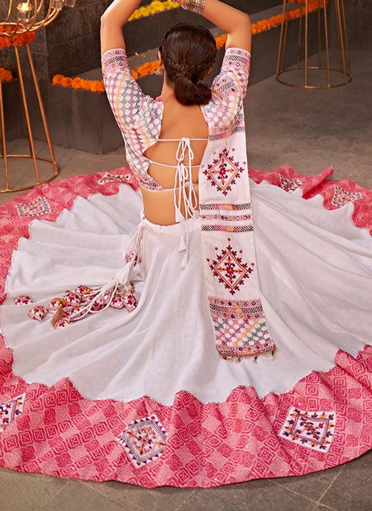 White With Pink Gamthi Mirror Work Navratri Lehenga Choli Clearance Explore