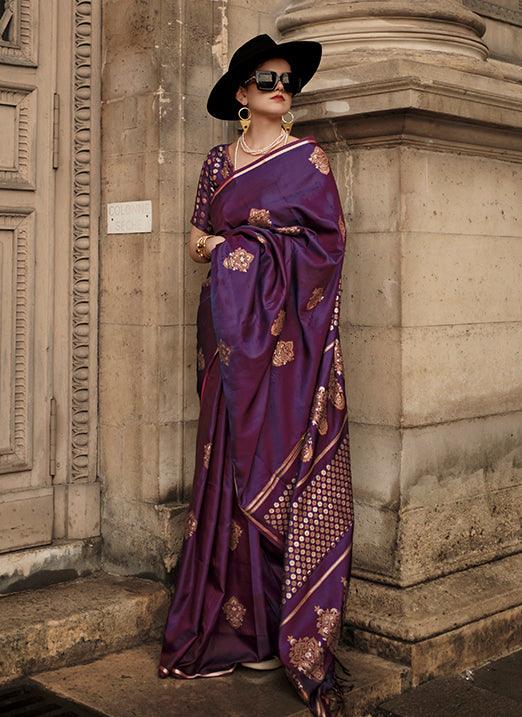 Dark Purple Pure Satin Handloom Weaved Saree from Paris Edition Purchase Cheap Pice