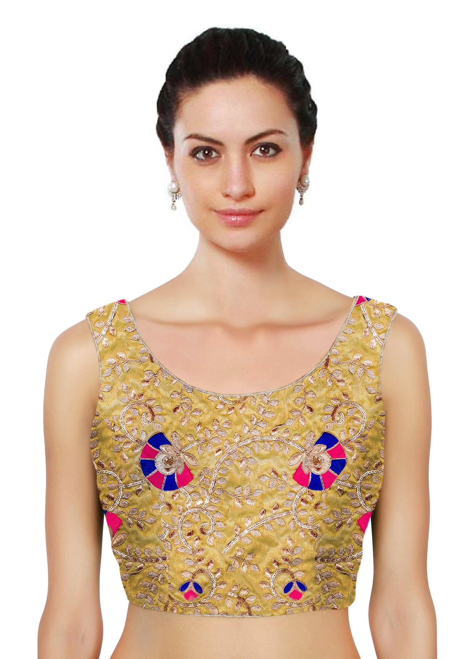 Elegant Traditional Ethnic Beige Blouse with Stylish Round Neckline Free Shipping Online