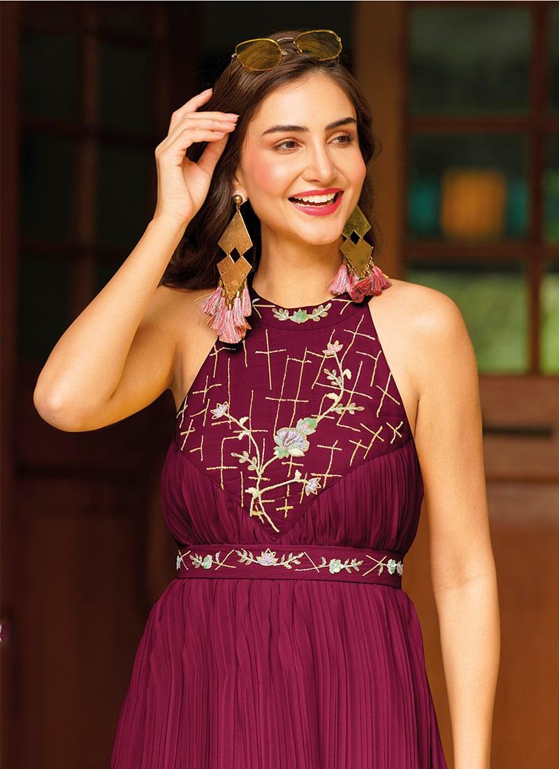 Georgette Crushed Halter Neck Maroon Kurti Looking For