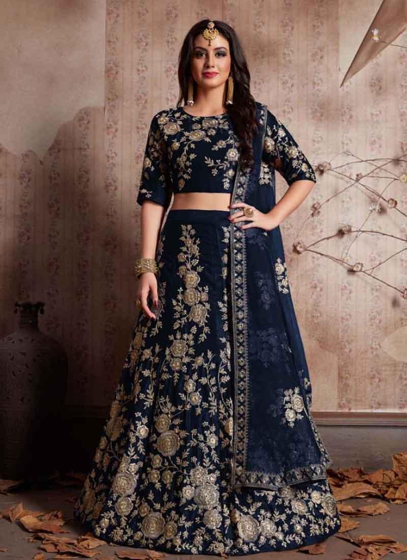 Navy Blue Dori Work Velvet Lehenga Choli And Dupatta Set Free Shipping Very Cheap