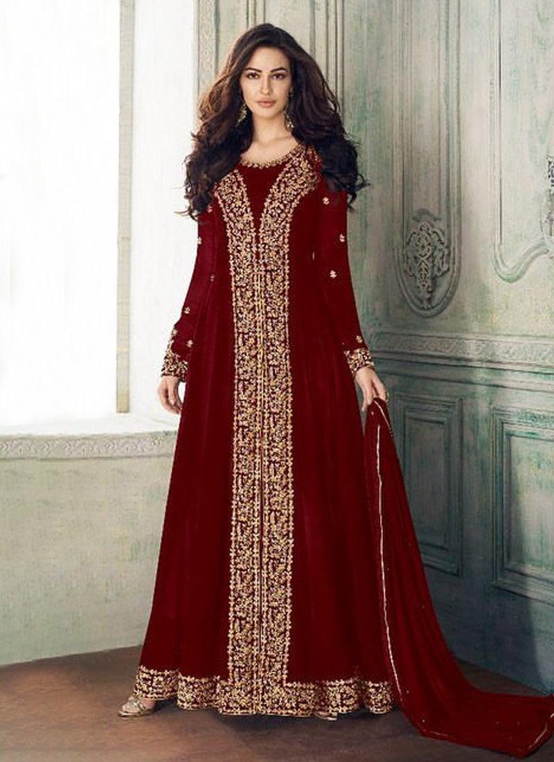 Maroon Georgette Base Heavy Embroidery And Stone Work Salwar Kameez Marketable Sale Online