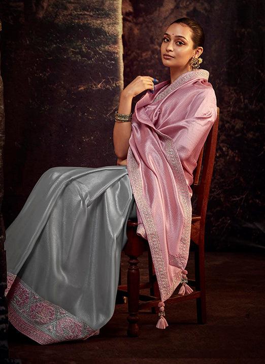 Pink And Grey Color with Weaving Embroidery Pastel Saree Sale Free Shipping