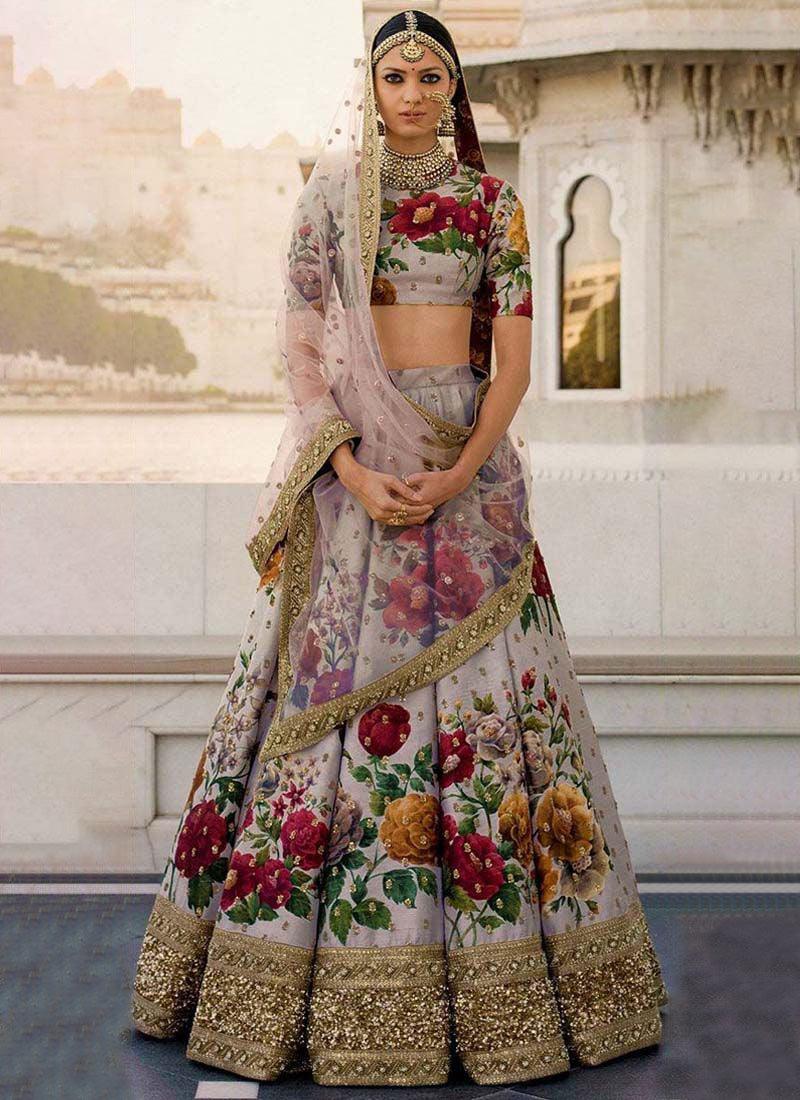 Grey Printed Pearl Work Heavily Drape Lehenga Choli Set Newest For Sale