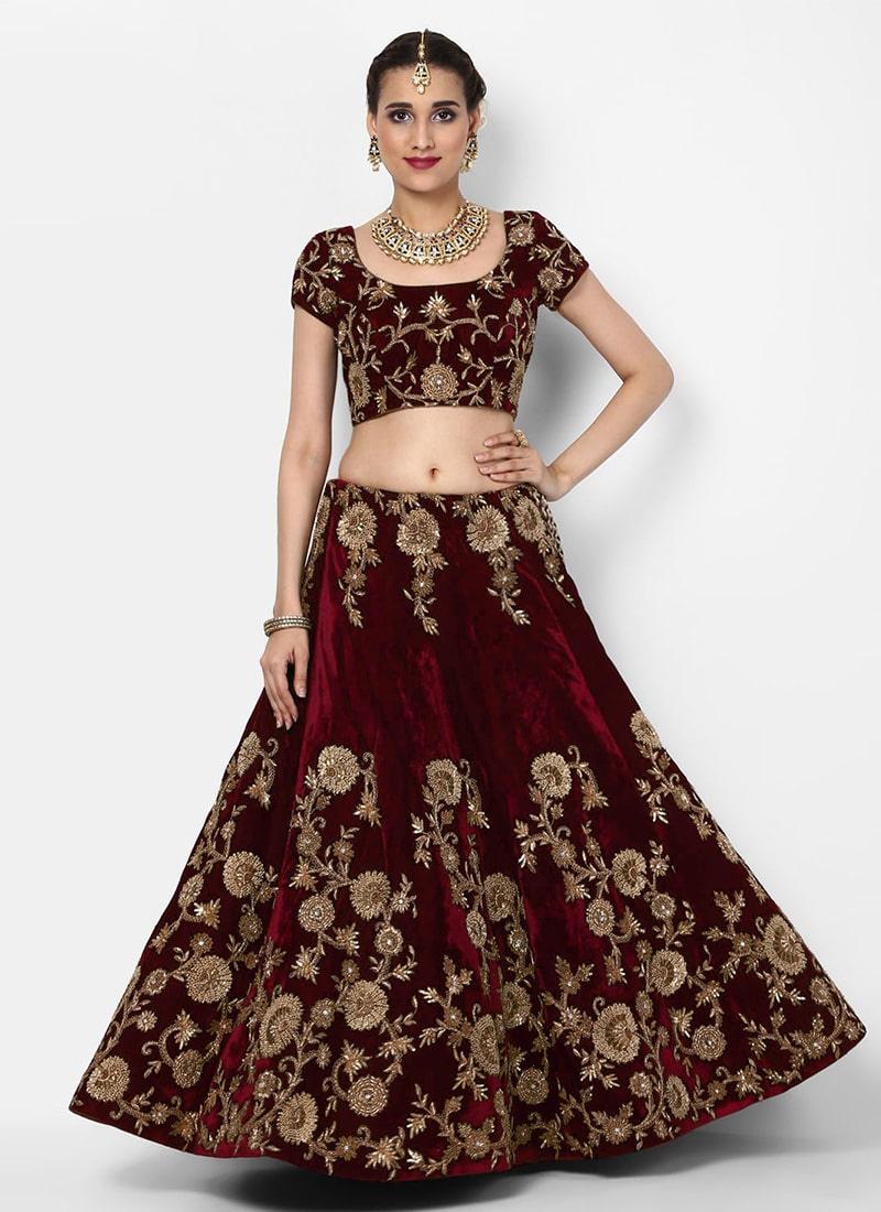 Gulkand Maroon Floral Motif Elegance Velvet Base Bridal Lehenga Choli Cheap Sale Really