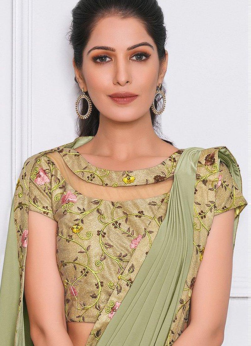 Dark Sea Green Color Lycra Fabric Resham Work Designer Embroidered Saree Cheap Low Pice