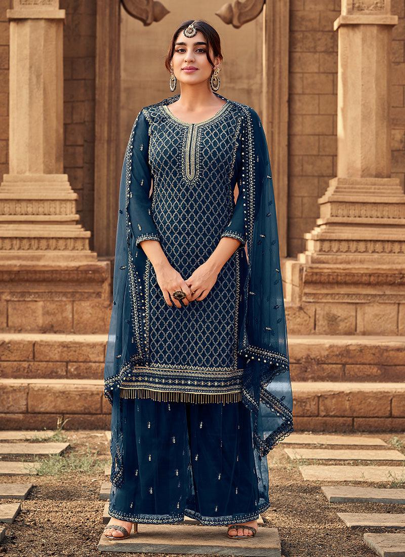 Navy Blue Color Georgette Base Palazzo Suit With Zari Work Ost Release Dates