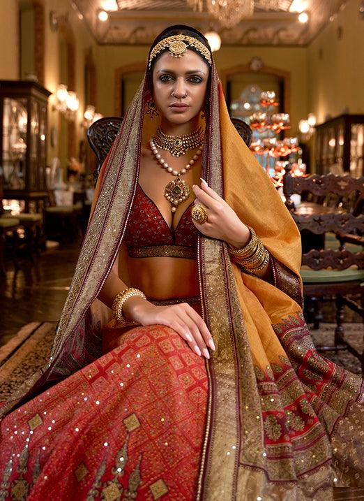 Affectionate Red & Yellow Bridal Lehenga Choli with Sparkle & Mirror Work in Smooth Rajwadi Silk Outlet Exclusive