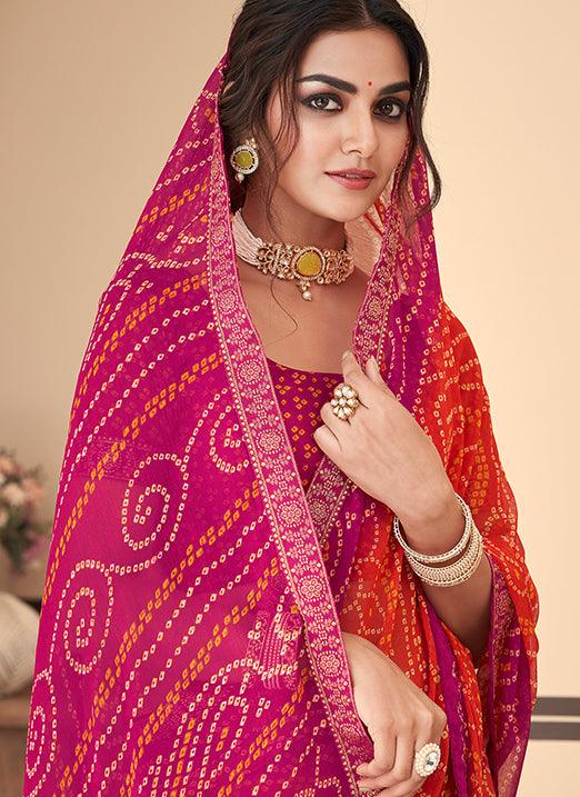 Graceful Pink & Orange Bandhani Chiffon Saree Best Deals