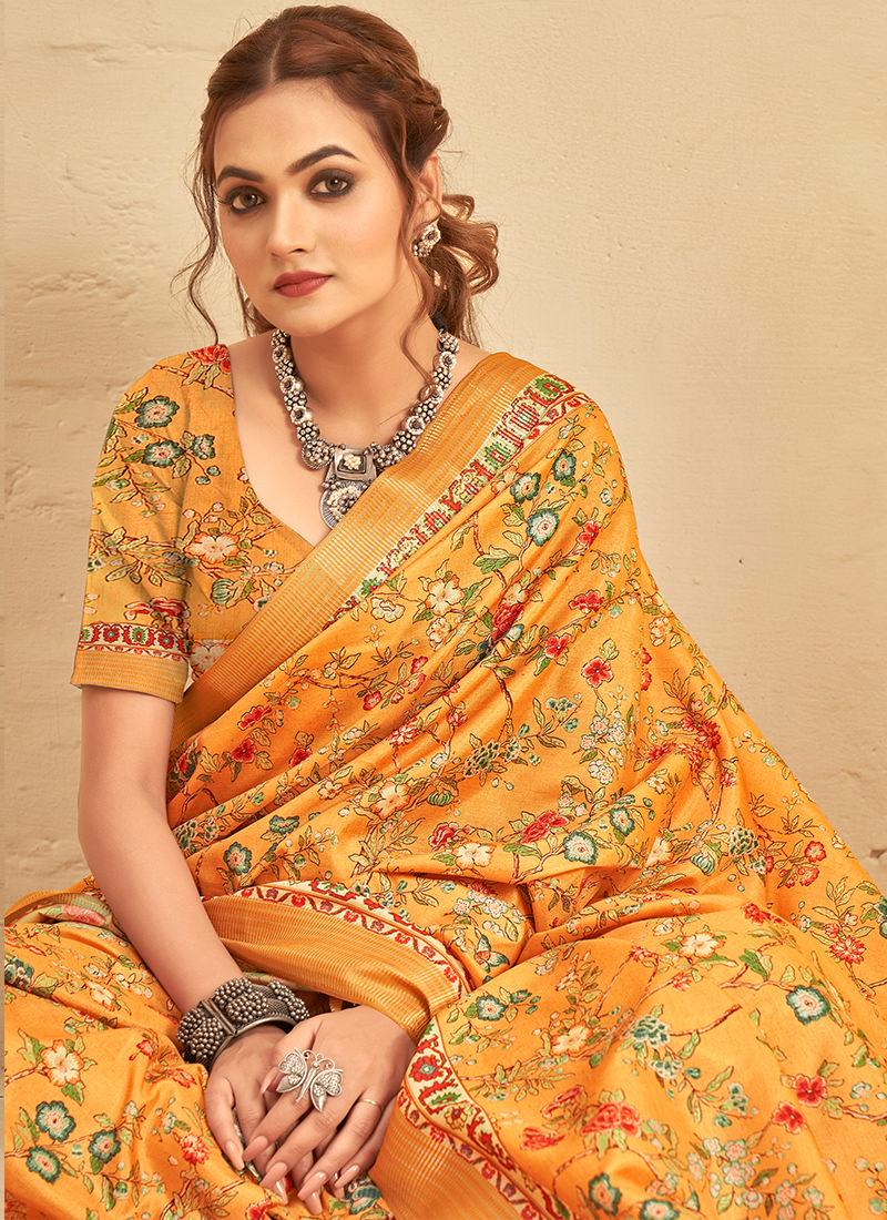 Silk With Digital Print Mustard Yellow Saree Sale Visa Payment