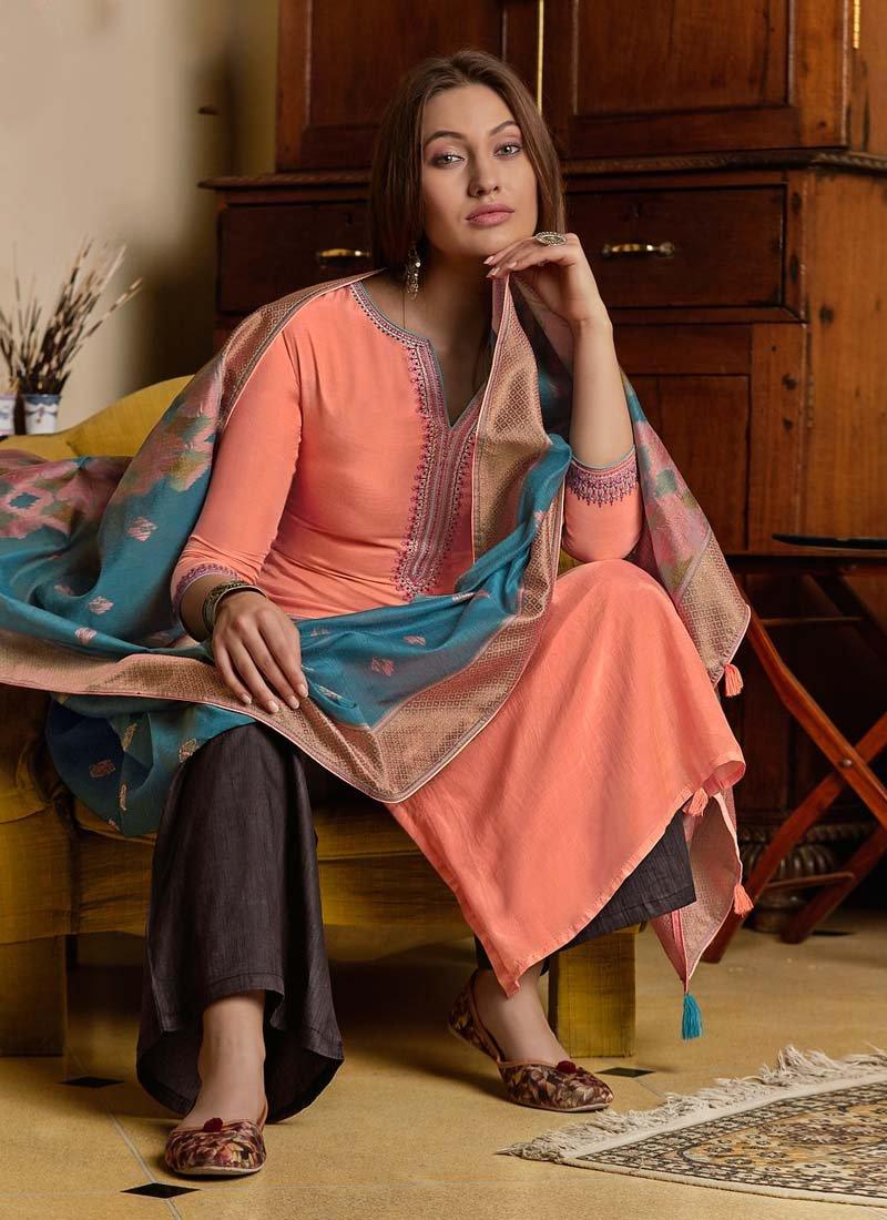 Peach Color Cotton Fabric Resham Work Palazzo Salwar Suit With Dupatta Pay With Visa Cheap Pice