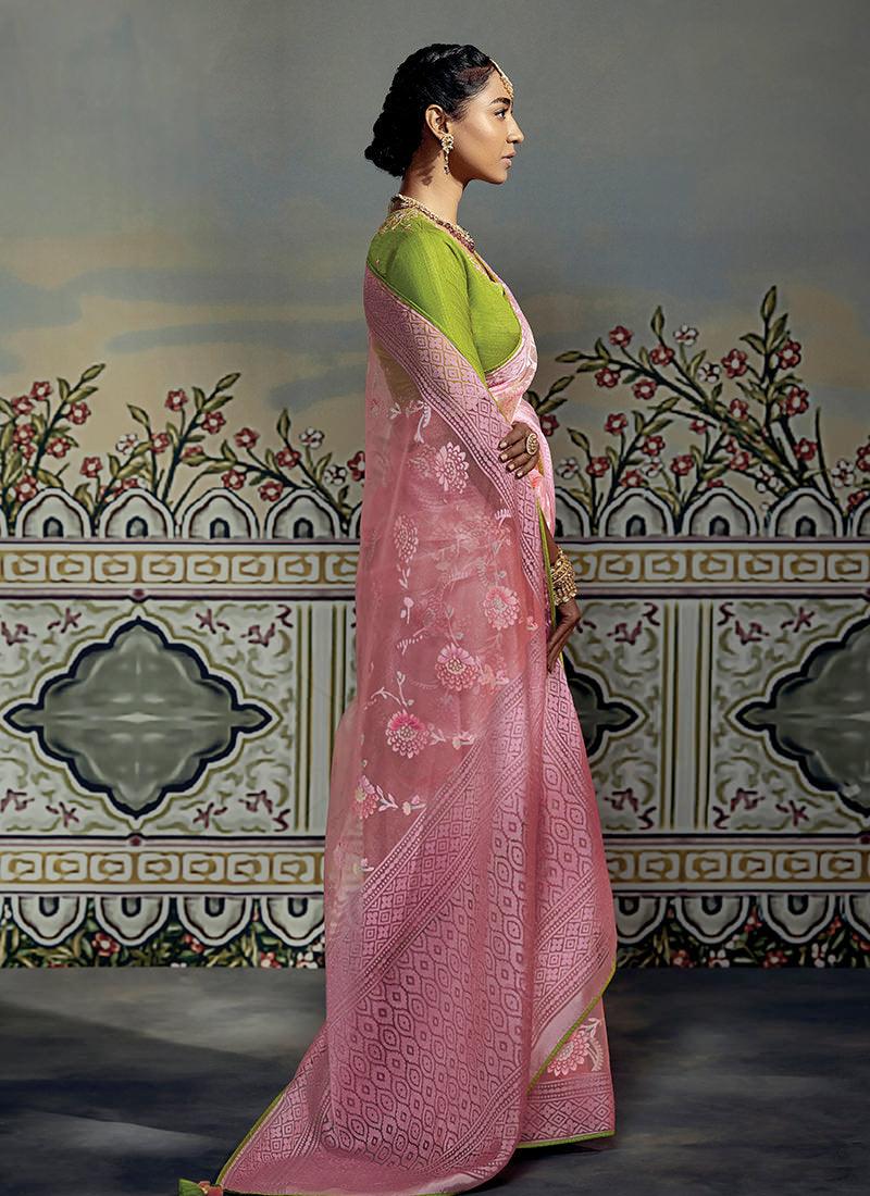 Thread Work Blouse With Pink Brasso Saree Fast Delivery For Sale