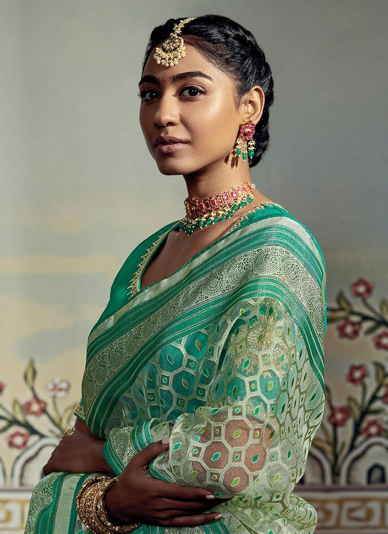 Thread Work Blouse With Sea Green Saree Professional