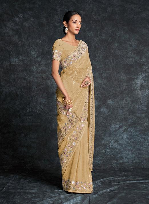 Mesmerizing Mustard Yellow Georgette Classic Saree with Heavy Embroidery Official Site