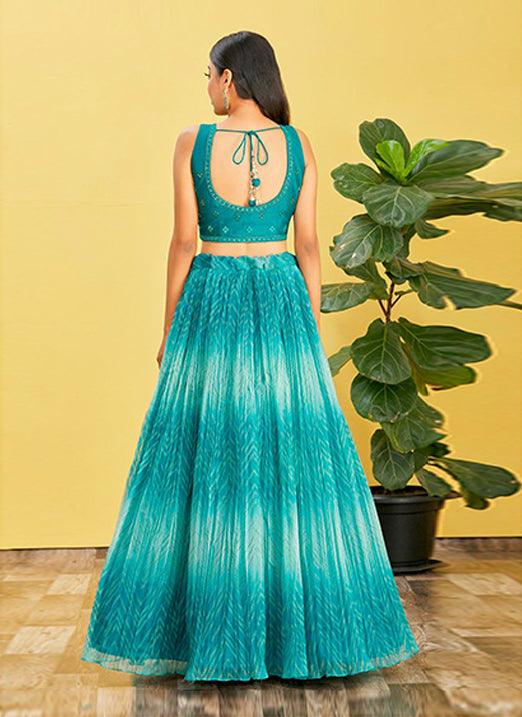 Turquoise Organza Lehenga Choli with Real Mirror & Zari Sequin Embroidery Perfect