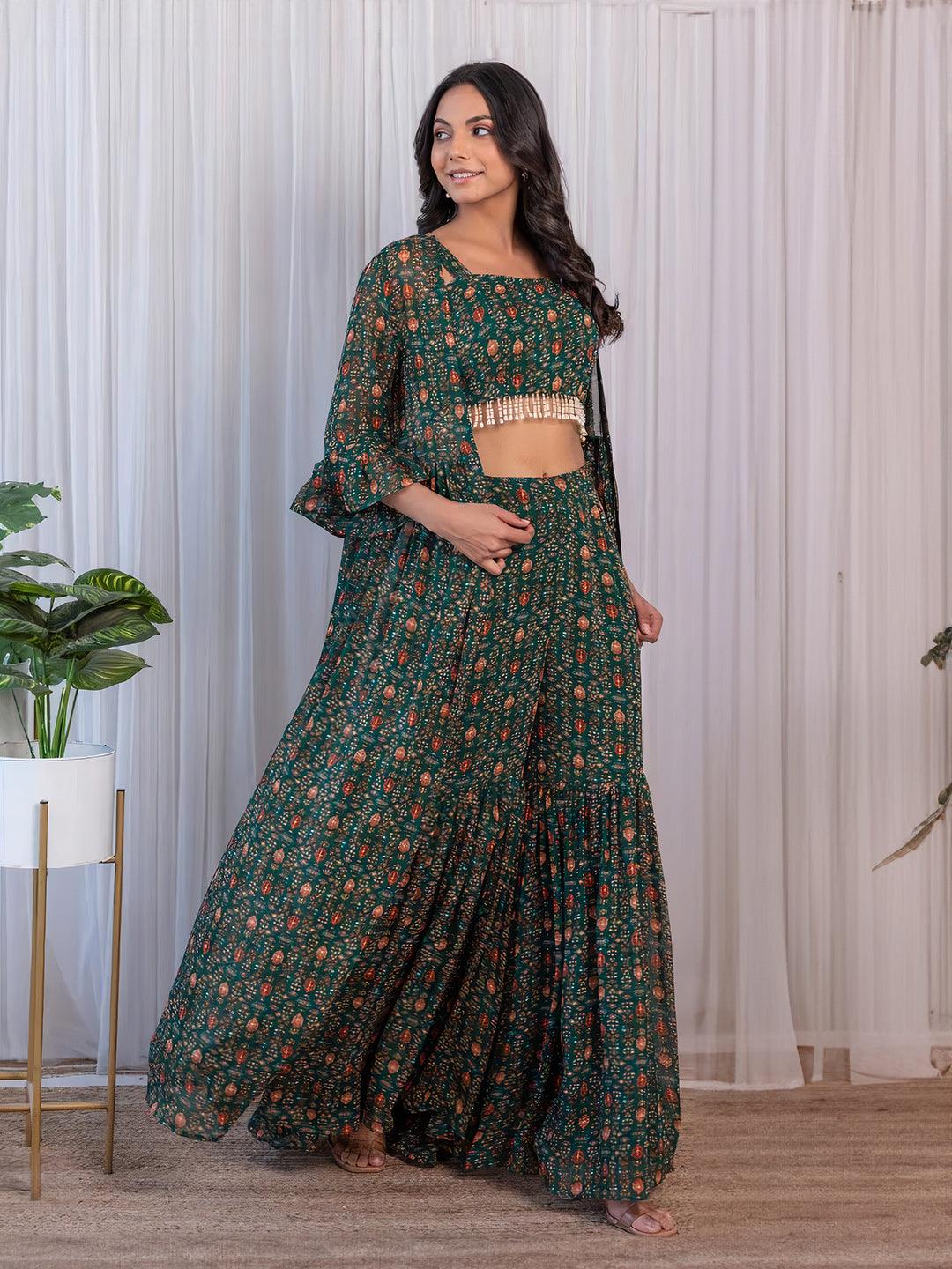 Bottle Green Printed Georgette Crop-Top & Sharara Set Cheap Sale View