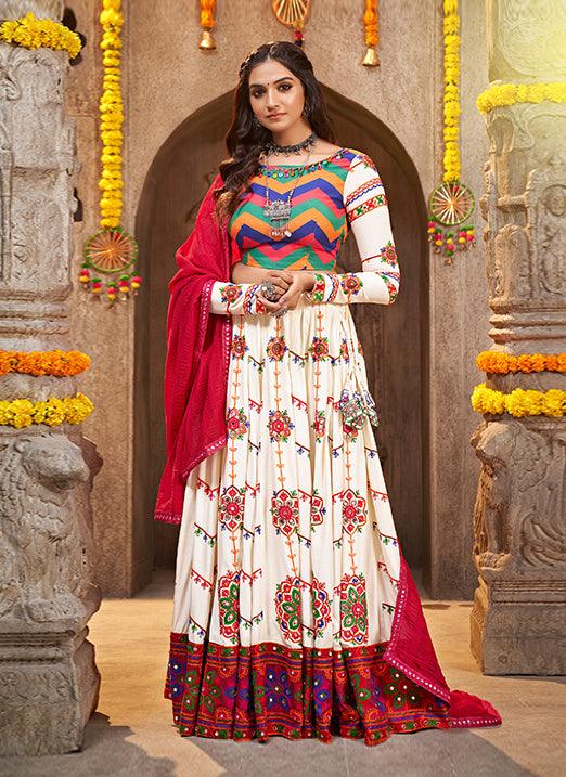 Navratri Special Pearl White Viscose Rayon Thread Embroidered Lehenga Choli with Mirror Work Discount Get To Buy