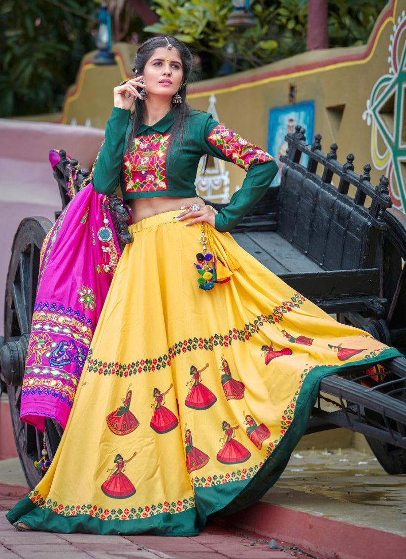 Treditional Look Dark Green And Yellow Color Cotton Base Lehenga Choli Footlocker Finishline Cheap Pice