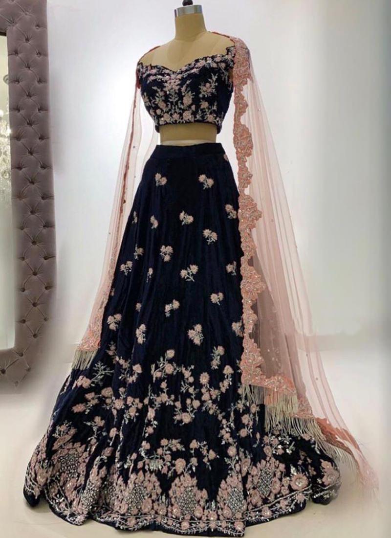 Elegant Navy Blue Zari Moti Lace Velvet Lehenga Choli Set Clearance Outlet