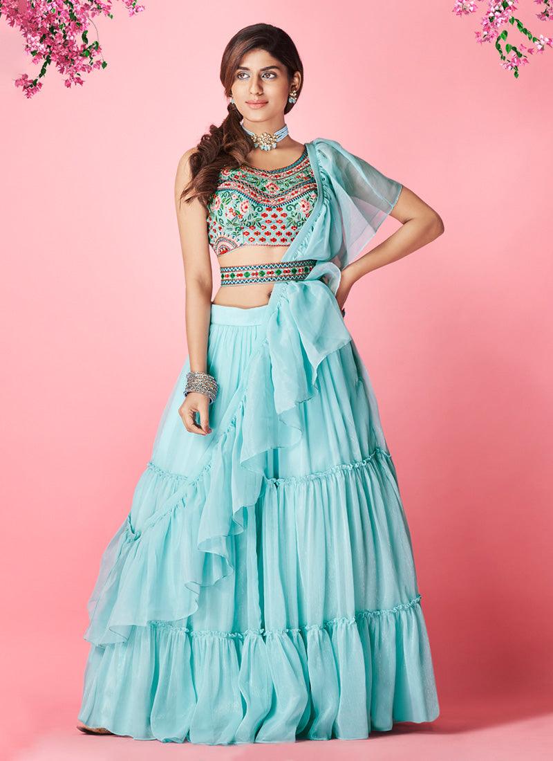 Elegant Sky Blue Color Ruffle Lehenga with Hand Work Blouse Outlet Fashionable