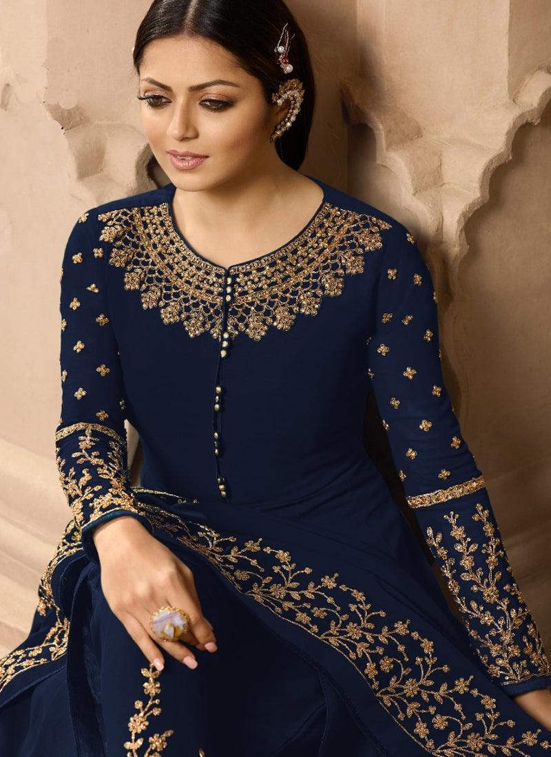 Navy Blue Georgette Base Wedding Wear Embroidery Work Anarkali Suit Discounts Cheap Pice