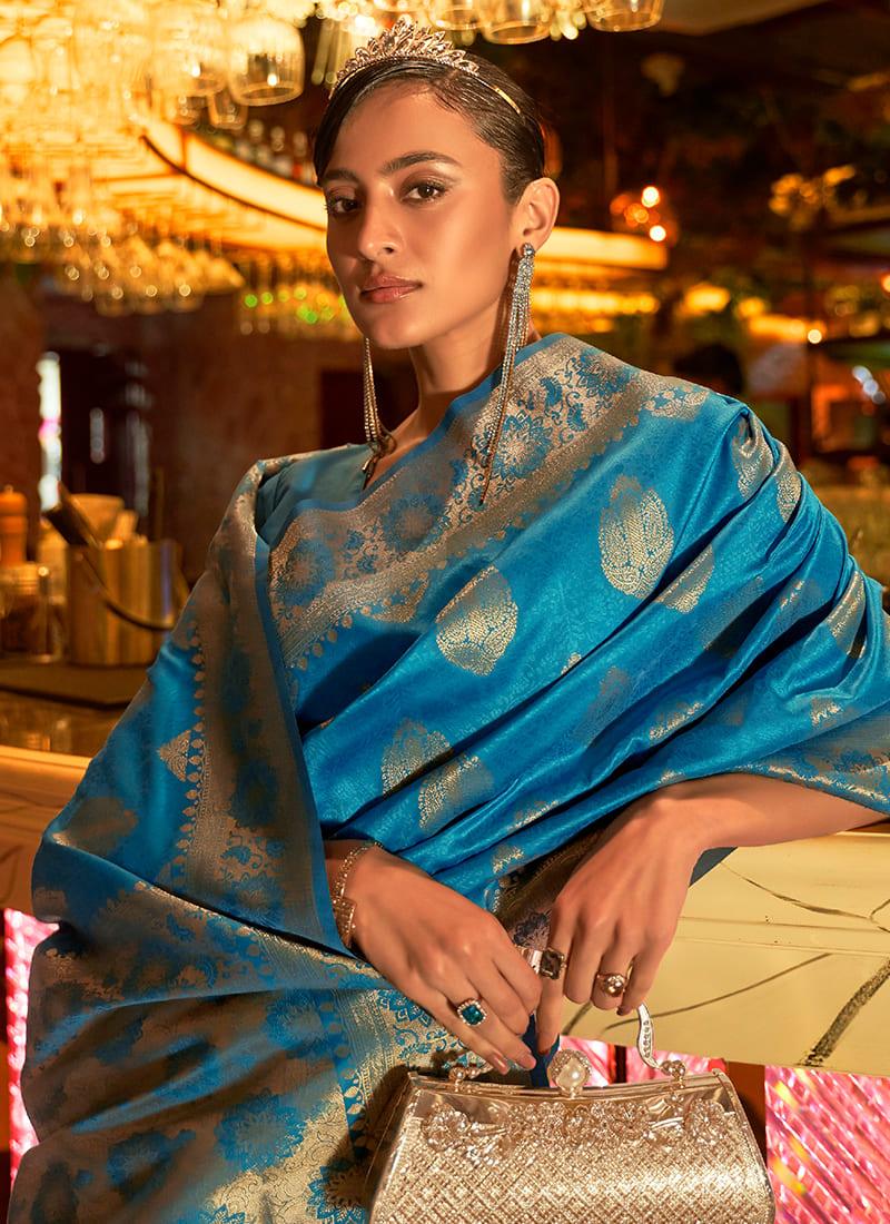 Handloom Weaving Sky Blue Partywear Saree Clearance Pictures