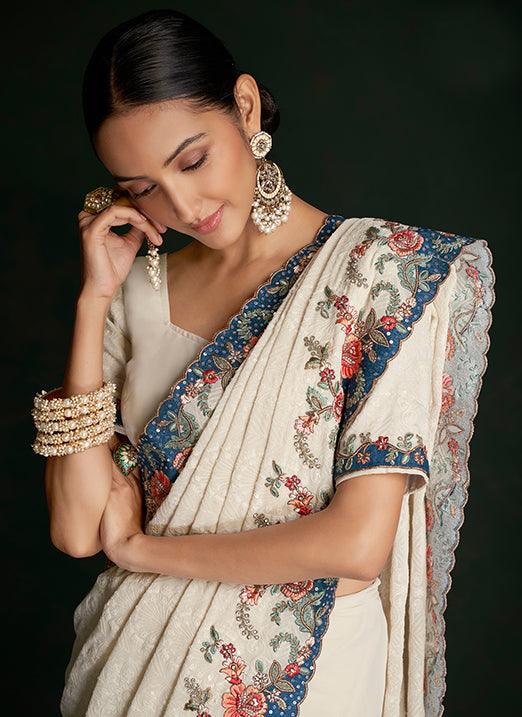 Fashionable White Lucknowi Ceremonial and Party Wear Embroidered Georgette Saree Pices Cheap Online