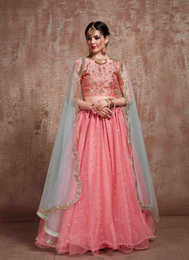 Glossy Pink Color Soft Net Base Sequins Lehenga Choli For Party Low Pice Cheap Online