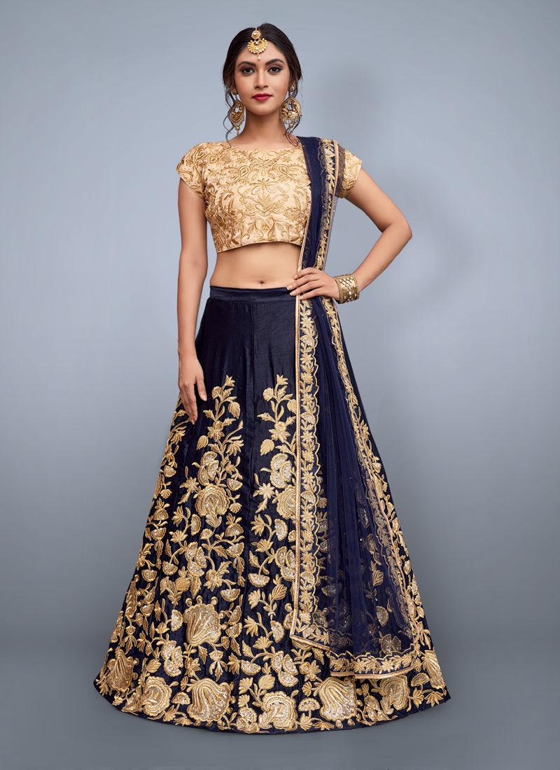 Navy Blue Dori Work Velvet Lehenga Choli Discount 2025 New