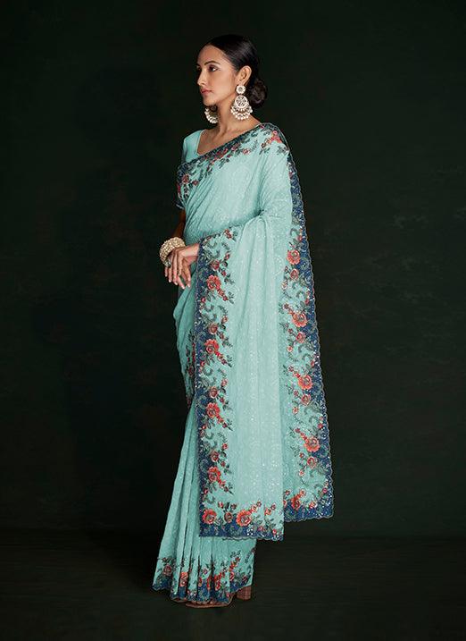 Entrancing Turquoise Lucknowi Embroidered Georgette Saree Buy Cheap Visit