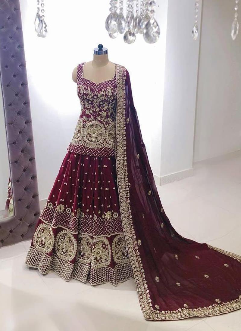 Heavenly Wine Resham Zari Georgette Lehenga Choli Set Outlet Choice