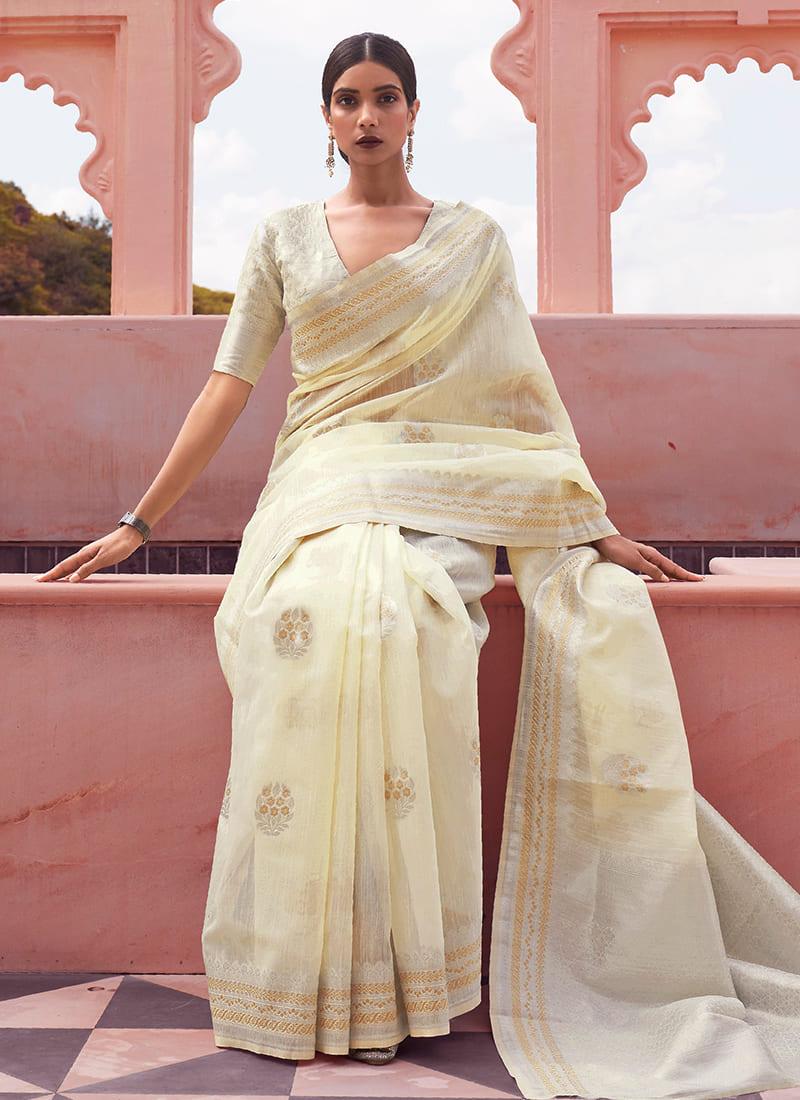 Zari Weaving Cream Linen Saree Clearance 2025