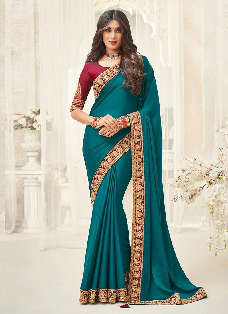 Teal Green Color Silk Fabric Dori Work Half And Half Saree With Laced Border Cheap Sale Sale