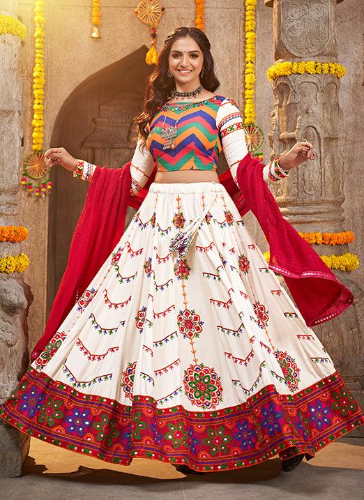 Navratri Special Pearl White Viscose Rayon Thread Embroidered Lehenga Choli with Mirror Work Discount Get To Buy