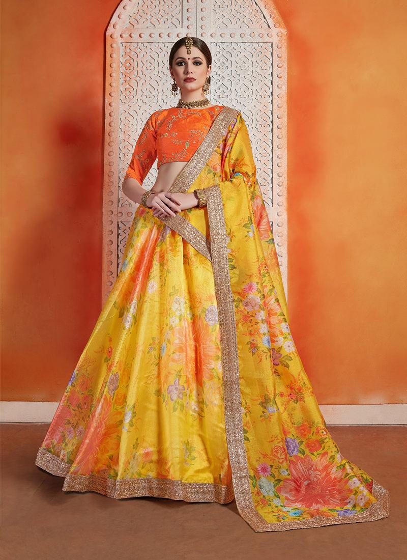 Lemon Yellow Color Designer Oraganza Base Printed Lehenga Choli High Quality