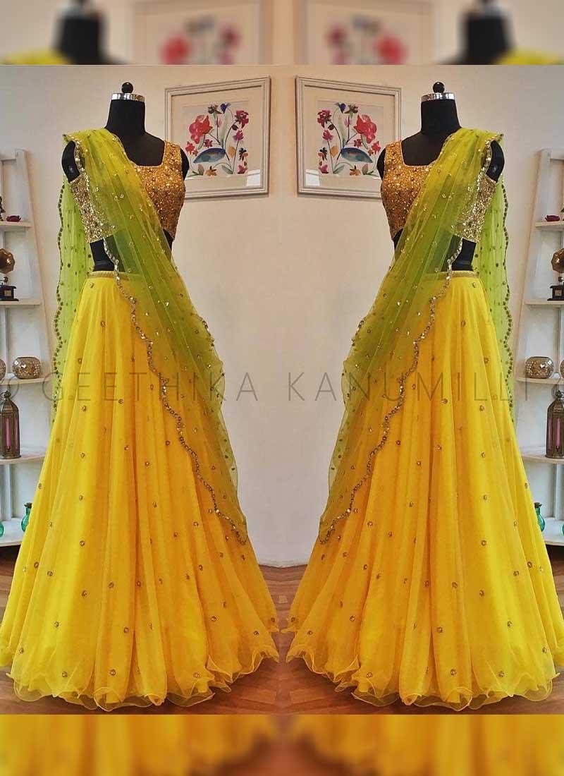 Lemon Yellow Color Party Wear Sequins Work Lehenga Choli Free Shipping Shop For