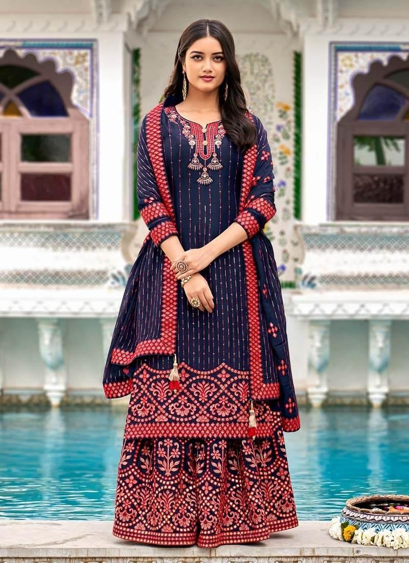 Glamorous Royal Blue Color Georgette Base Heavy Work Designer Sharara Suit Discount Store