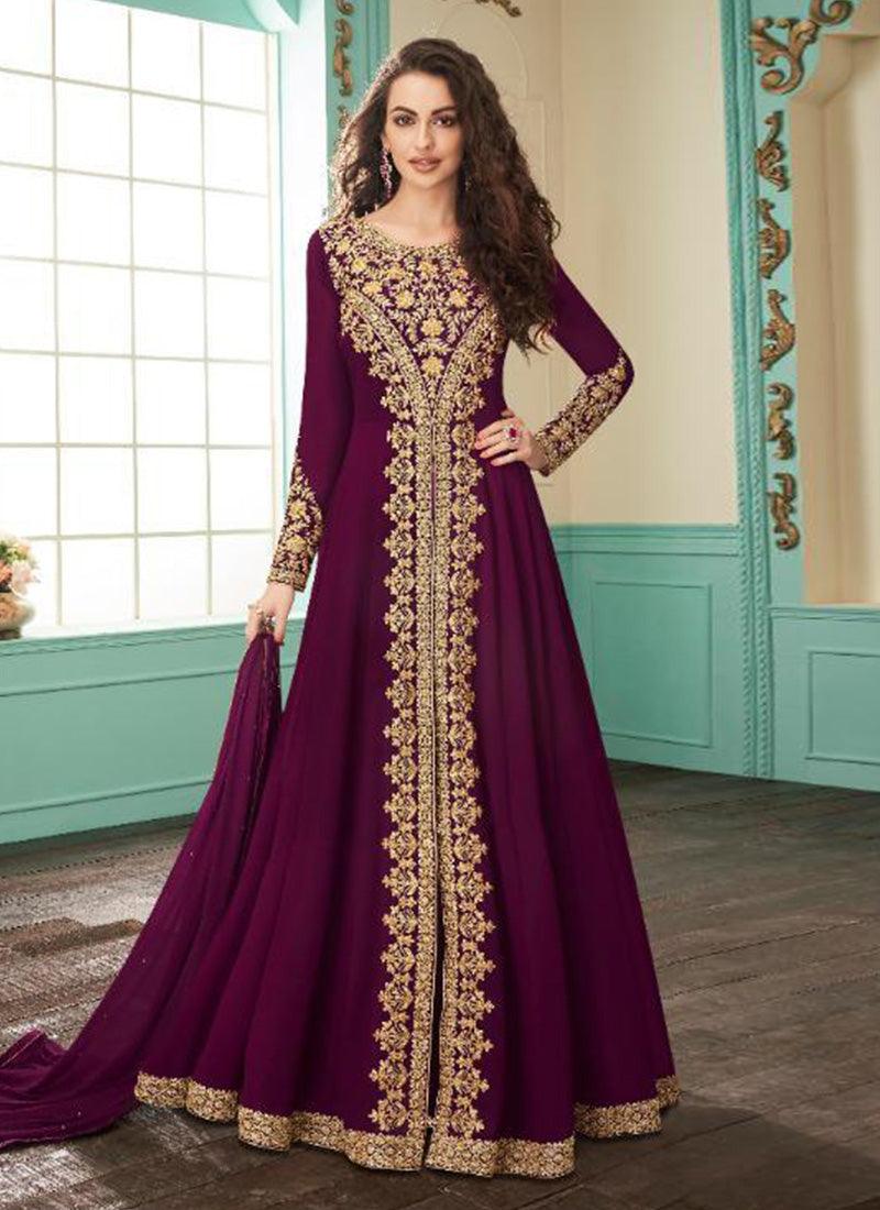 Purple Stonework and Zari Georgette Festival Slit Cut Anarkali Suit Low Shipping Fee Online