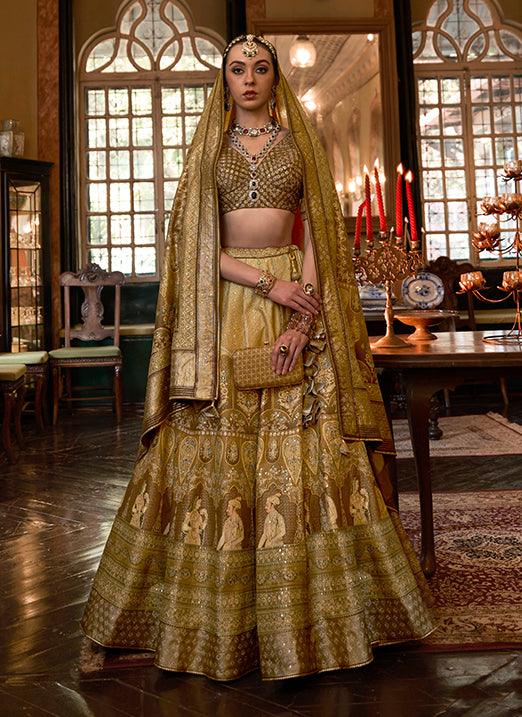 Mustard Yellow Sparkle Work Smooth Rajwadi Silk Bridal Lehenga Choli Sale Sast