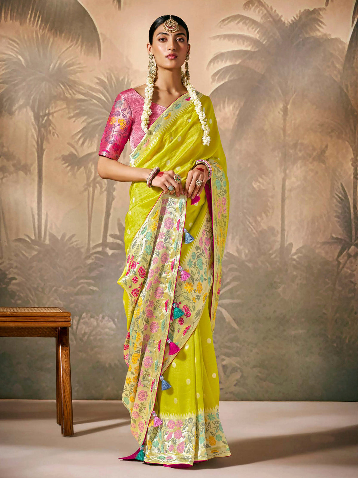 Designer Bright Green Paithani Banarasi Silk Saree with Floral Motifs Sale Fast Delivery