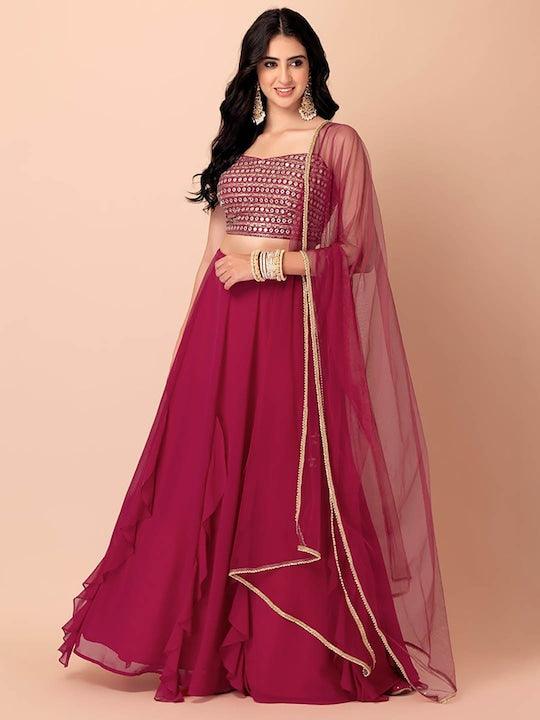 Rani Pink Georgette Mirror Work Flared Lehenga Choli Sale Cheapest