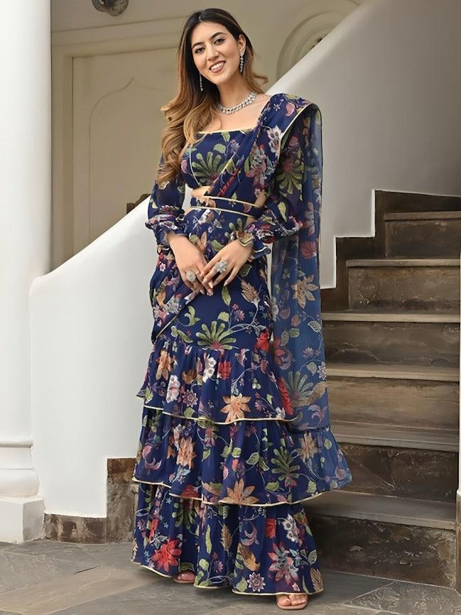 Navy blue printed ready-to-wear ruffle saree with belt Sale Best Sale