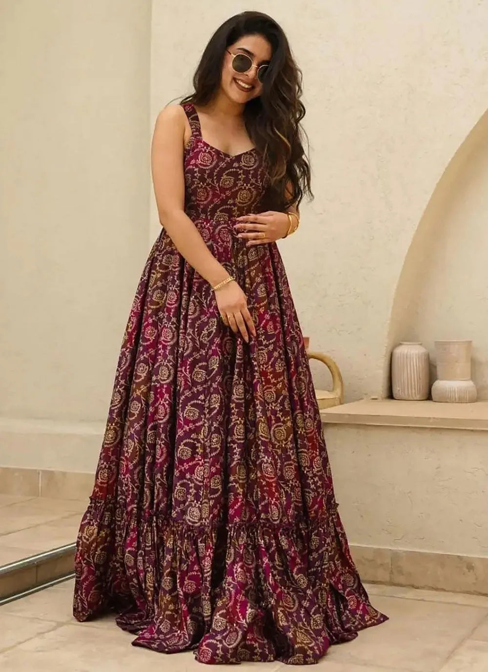 Dazzling Magenta Colored Rayon Fully Flared Designer Gown Sale Fast Delivery