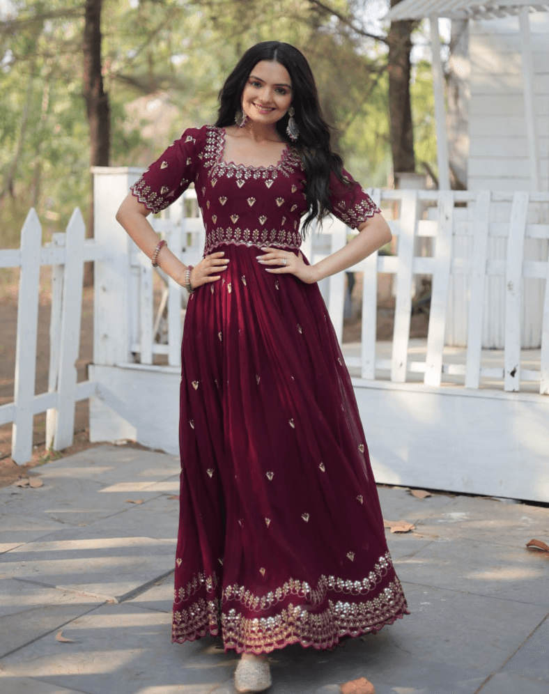 Seal Brown Zari Thread Sequins Worked Fully Stitched Gown Official Site Cheap Online