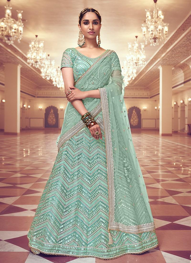 Heavy Zarkan And Mirror Work Sea Green Color Panelled Lehenga Choli 2025 New Cheap Pice