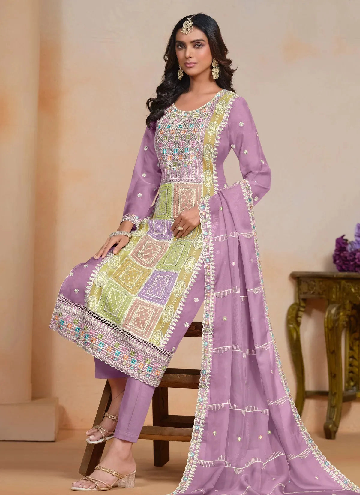 Magnificent lavender Embroidered Work Organza Salwar Kameez Discount Best