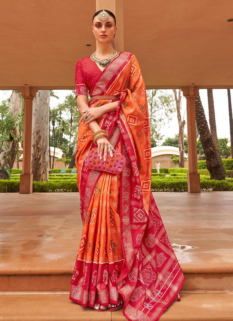 Orange Color Sleeveless Dola Silk Saree Free Shipping Top Quality