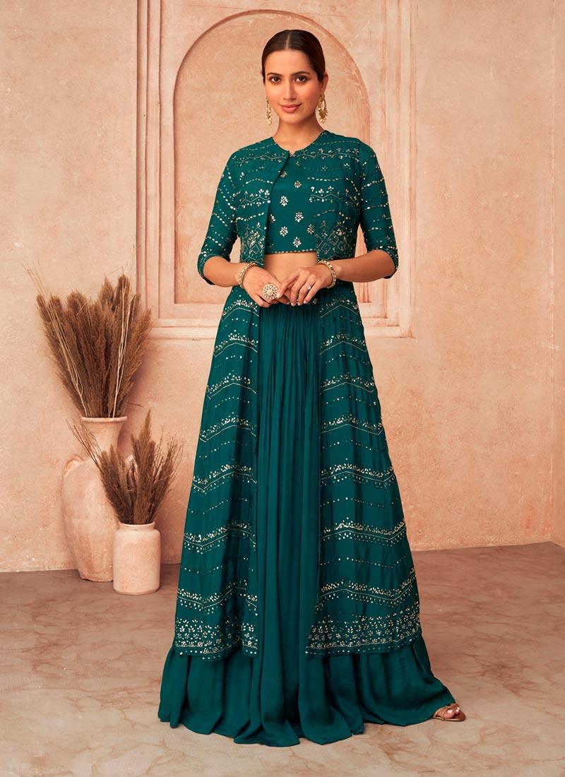 Teal Green Jacket Style Crushed Lehenga Official Online